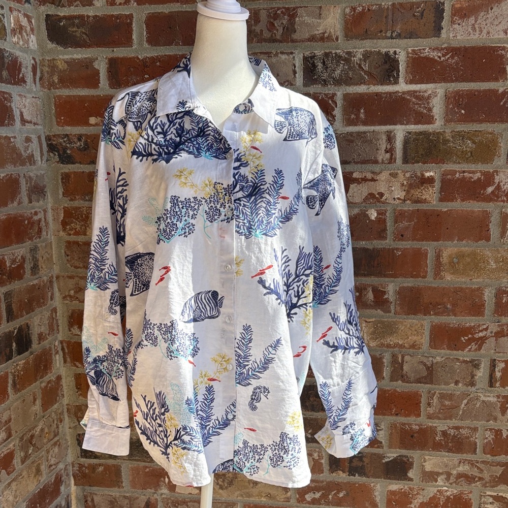 Charter Club White Button-Down Shirt with Blue and Yellow Sea Life Print